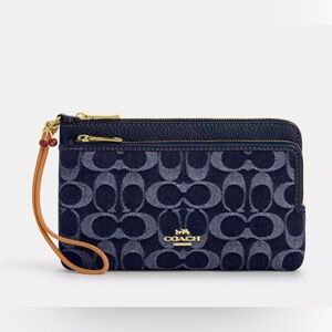 NWT COACH Double Zip Phone Wallet Purse Signature Denim Gold Hardware AUTHENTIC